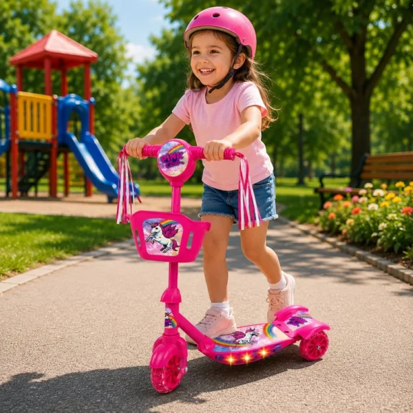 Patinete Unicórnio Infantil 3 Rodas e Luz LED - Rosa - 3