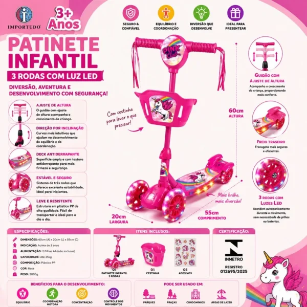 Patinete Unicórnio Infantil 3 Rodas e Luz LED - Rosa - 4