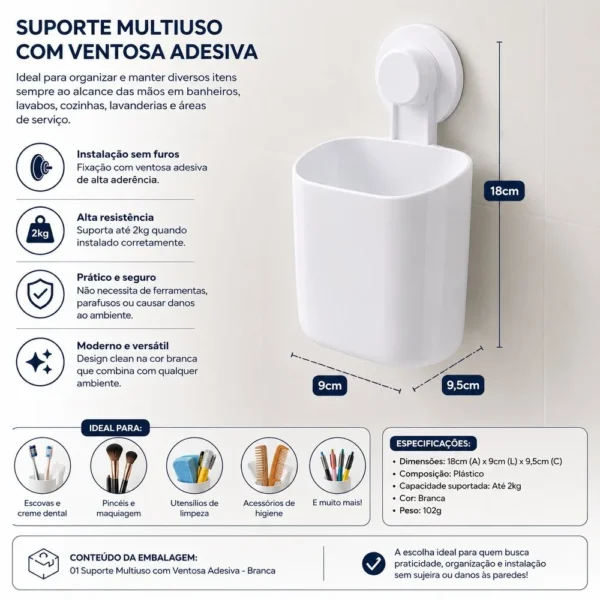 ud05.0001.012-1 Suporte Multiuso com Ventosa Adesiva - Branca